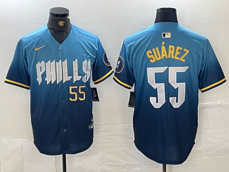 Men Philadelphia Phillies #55 Suarez Blue City Edition Nike 2024 MLB Jersey style 1